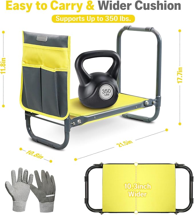 Garden Kneeler and Seat Heavy Duty, Foldable Gardening Stool Bench with Widened Thick Soft Kneeling Pad and Tool Pouches - 2-in-1 Portable Kneeling Device for Seniors (Yellow)