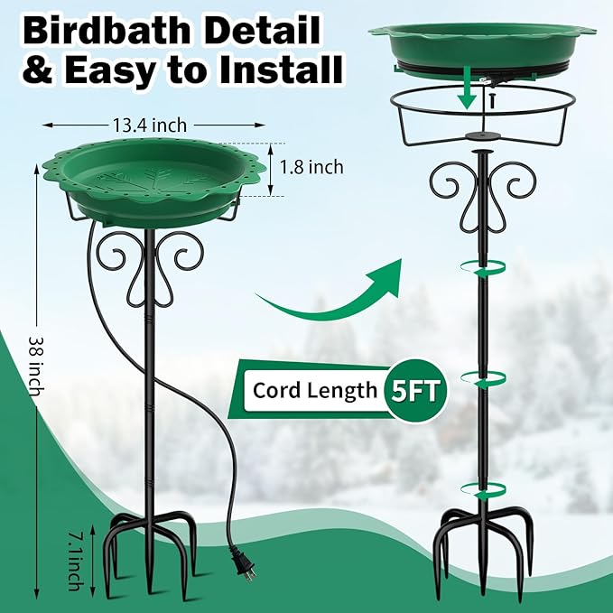 Heated Bird Bath for Outside Winter, Powerful 100W Thermostat Control Heated Bird Baths for Outdoors with 5-Prong Metal Stake, Heated Birdbath Water Heater for Garden Yard Patio Lawn (Green)