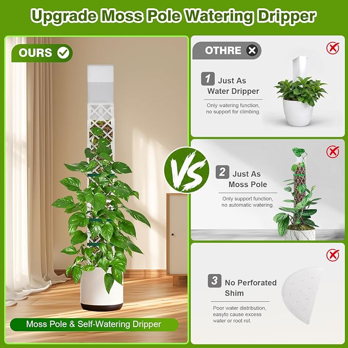 GJL Self Watering Moss Pole for Monstera, Stackable Clear D Shape Moss Pole with Watering Dripper, Indoor Climbing Plant Support for Pothos and Philodendron