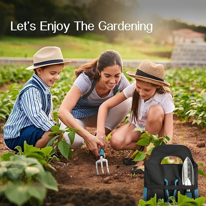 Housolution Gardening Tools Set, 8PCS Heavy Duty Garden Tools with Non-Slip Rubber Grip with Large Garden Bag for Aluminum Alloy Hand Tools for Gardening,Gardening Gifts for Women and Men, Blue+Black