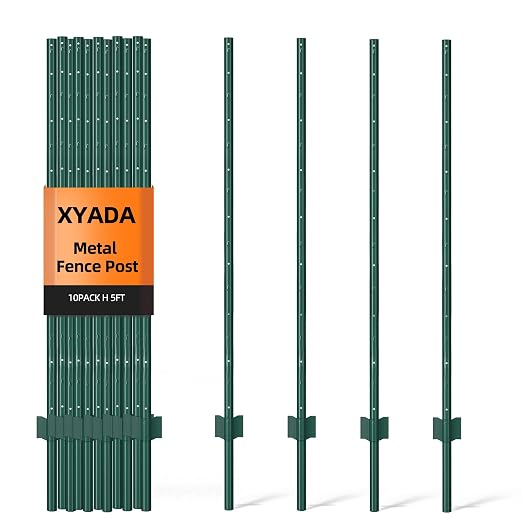 Metal Fence Post 5feet, Heavy Duty Garden Fence Post for Holding Wire Fence, Sign U Post Pack of 10 Sturdy Outdoor No Dig Fence Post for Garden Yard – Green