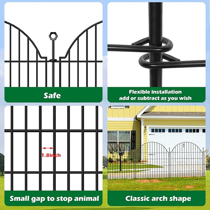 10 Panels No Dig Decorative Outdoor Garden Fence, 24in (H) x20ft (L) Animal Barrier Fencing for Dog, Arched Flower Bed Edging, Rustproof Metal Wire Panel Border with Temporary Ground Stakes