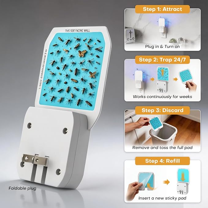 Fruit Fly Traps for Indoors,Plug in Fly Trap with UV Light & Glue Cards,Fly Trap Indoor for Gnats, Mosquitoes,Moths & More,Bug Zapper for House Kitchen Garage, 2 Pack & 6 Refills