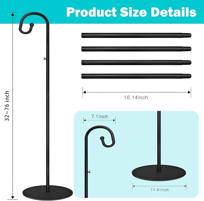 76" Shepherds Hooks for Outdoor- 3/4 Inches Thicken Wind Chimes Hanger | 6.6 lbs heavy duty Base, Hanging Plant Stand for Outdoor, Hanging Bird Feeder, Wreath, Lanterns