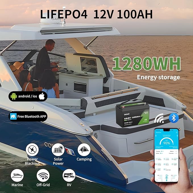 OKMO 12V 100Ah TM LiFePO4 Battery, 150A BMS with Bluetooth 1280Wh, 10 Years Lifetime 15000+ Deep Cycles,for Marine, RV, Trolling Motor, Boat, Camper, Low Temperature Protection