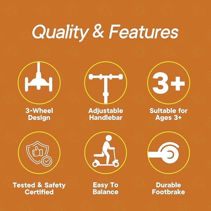 Orange 3 Wheel Scooter with Seat for Kids, Light-Up Wheels, Adjustable Lean to Steer Handlebar and Seat, Smooth Wheels, Wide No-Slip Deck, Rear Foot Brake, Toddler Outdoor Toys for Ages 2+