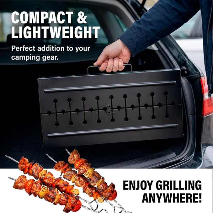 MHH Charcoal Grill for 8 Skewers - Portable Barbecue 16.9""×11.8""×16.9"" Kabob Camp Grills - Foldable Metal Mangal - Kebab Shish - BBQ for EDC Picnic Outdoor Cooking Camping Hiking