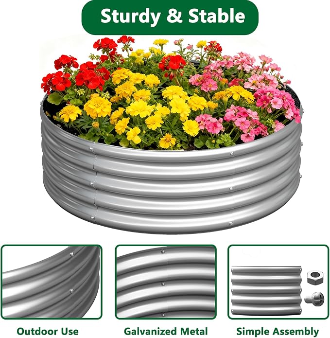 zizin 2 Pack Galvanized Raised Garden Bed Metal Round Raised Garden Beds Outdoor Planter Box for Vegetables (2FT, Silver)
