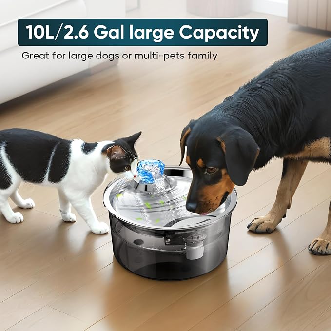 lesotc Dog Water Fountain for Large Dogs/Cats, 2.6 Gallon Pet Water Fountain Cat Water Fountain 10L Dog Water Bowl Dispenser with Stainless Steel Filtered Drinking Bowl for Dogs & Cats & Multiple Pets