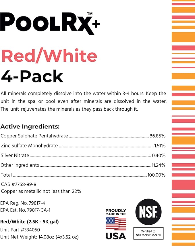 PoolRx+ Mineral Algaecide 4-Unit Pack, up to 6-Month Algae Control, for 2.5K-5K gallons, Red & White, New Formula with Silver.