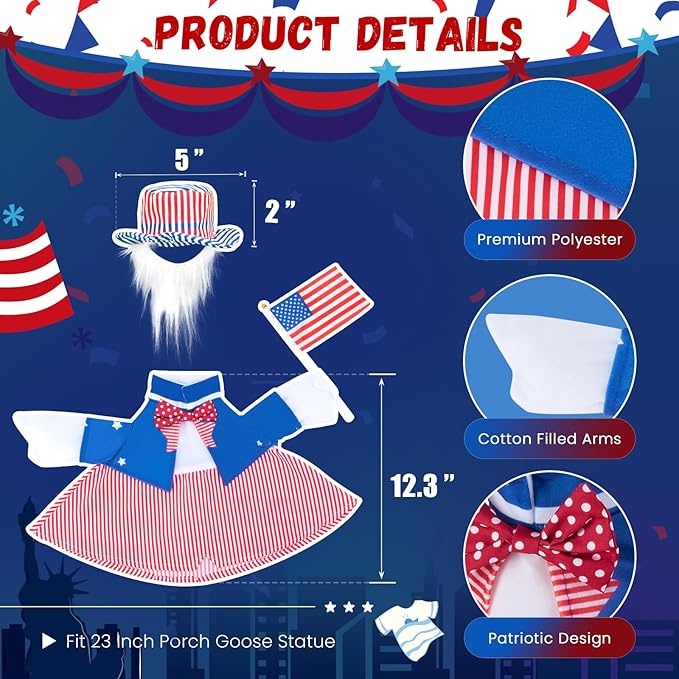 Patriotic Porch Goose Outfits for 23 Inch Lawn Statue, 4th of July Uncle Sam Costume for Plastic/Cement Statue, 250th Years Anniversary USA Sculpture Clothes for Garden Patio Party Decoration