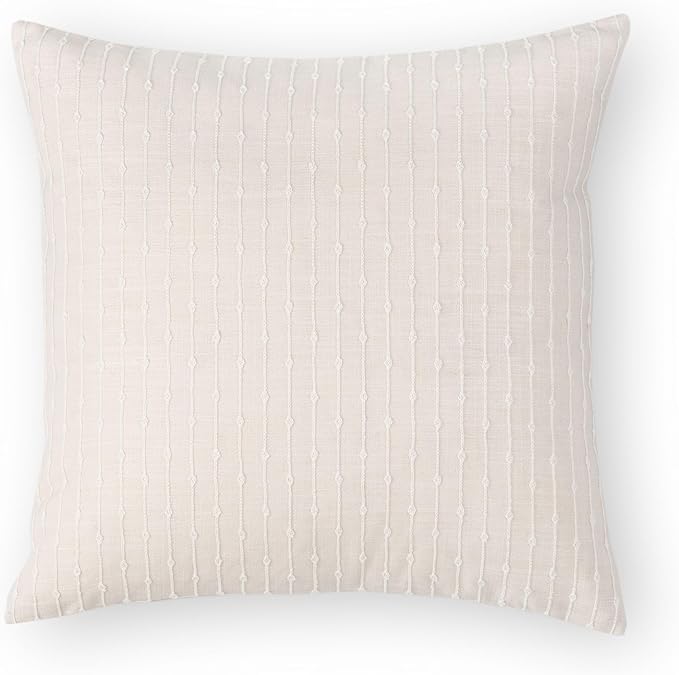 Crumbs Home Coastal Linen Indoor Outdoor Throw Pillow Cover Only, 20"x20" Water Repellent for Patio, Backyard, Couch, Neutral Beige Embroidered Stripes