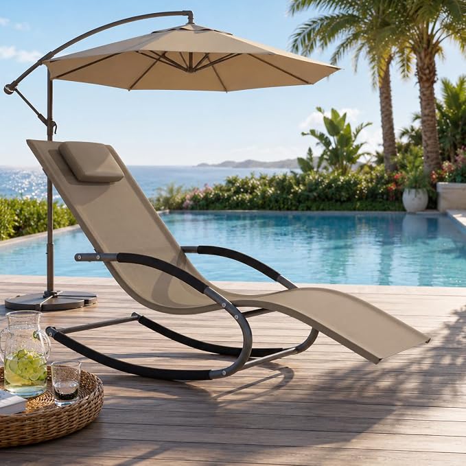 Garvee Outdoor Lounge Chair, Rocking Chair, Lounge Chair Recliner with Detachable Pillow for Patio, Lawn, Pool, Outdoor Home Furniture, Brown