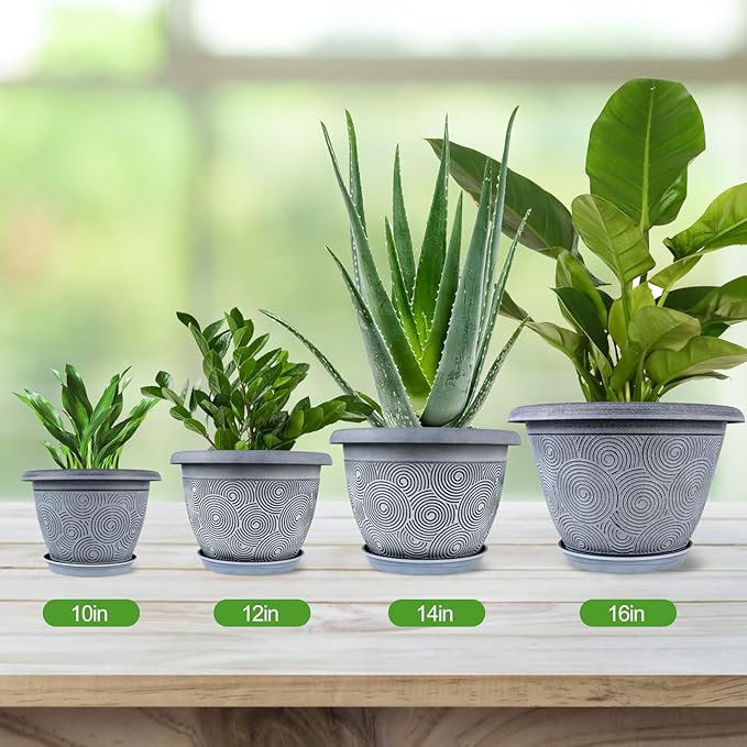 Fodetyff 12 Inch Large Planter Pot for Plants Indoor Outdoor, 4 Pack Plastic Flower Pots with Drainage Hole & Tray, Modern Decorative Garden Pot with Saucer, Plant Container for House