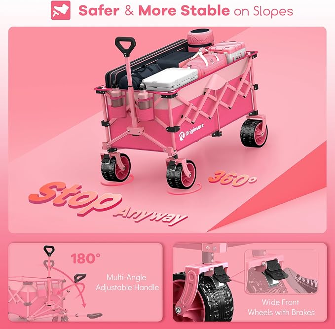 Originsure 220L Collapsible Wagon Cart Foldable, 460lbs Load Capacity Heavy Duty Folding Beach Wagons with Big All-Terrain Wheels, Utility Carts for Groceries, Camping, Sports - Pink