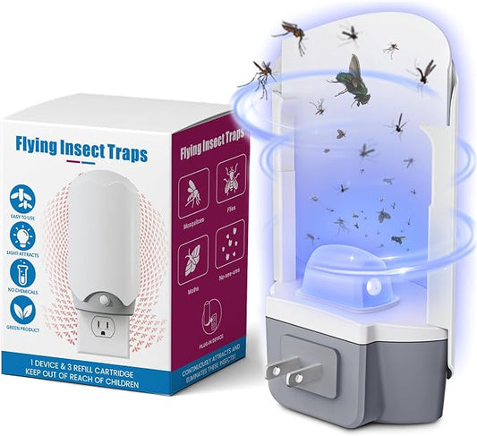 Forhimn Fly Trap Indoor, 1 Plug-in Fly Catchers with 3 Glue Card Refills, Fruit Fly & Gnat Trap for Home, Sticky Light Catcher for Flying Insects, Gnats & Moths, Clean & Quiet Indoor Plug-in Device