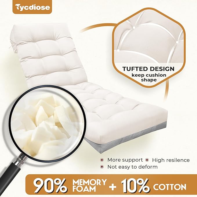 Outdoor Lounge Chair Cushion, Waterproof Replacement Chaise Lounge Cushions for Outdoor Furniture Thickened 71 x 22 x 4.7 Inches Non-Slip Patio Pool Lounge Chair Cushions with Ties (Cream)