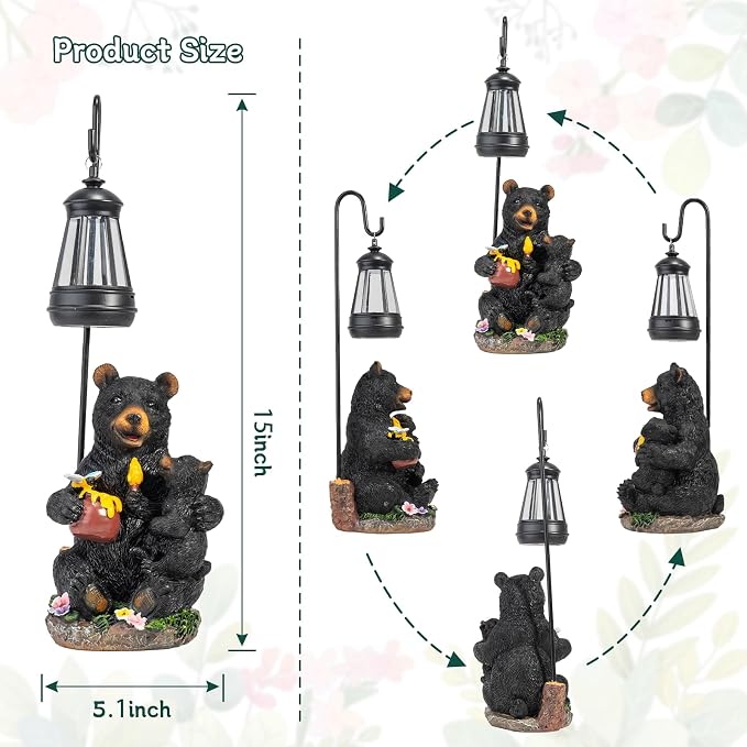 Pohabery Solar Bear Family Garden Statue with Lantern, Resin Mother and Baby Bear Figurine Outdoor Garden Decor