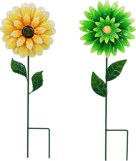 2 Pack Metal Flower Wind Spinner for Yard, 18in Outdoor Garden Stake with Retro Floral Design, Kinetic Patio Lawn Art, Weather Resistant Spring Decor