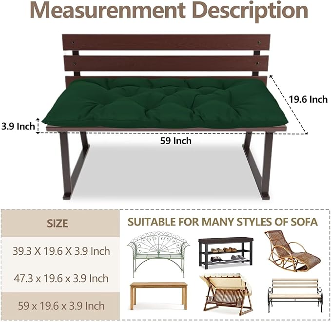 Yddsky 59 inch Indoor/Outdoor Bench Cushion, Swing Cushion,2/3 seat Thick Outdoor Garden Bench Seat Cushion Backrest Waterproof Bench Pad (59 X 19.13 in,Dark Green)