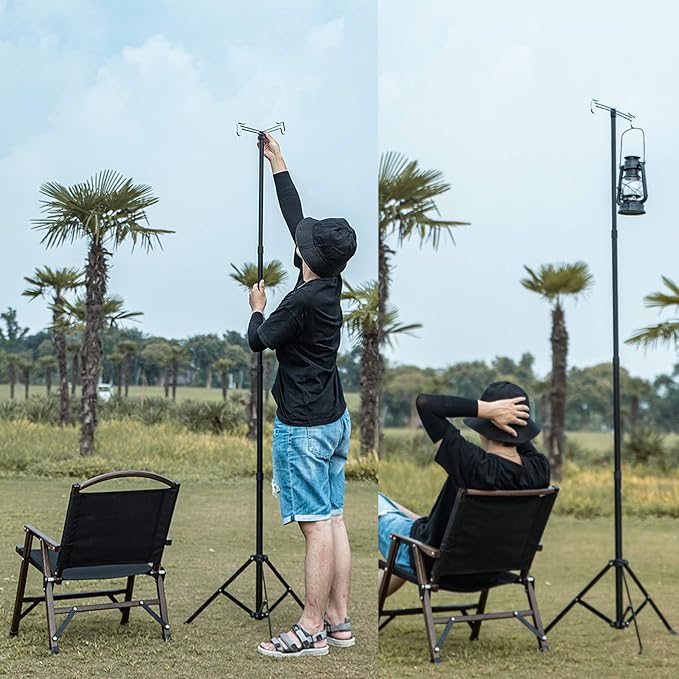 OMUKY Telescopic Lantern Stand with Base Outdoor Camping Lamp Stand Pole Adjustable Lantern Pole (Black)