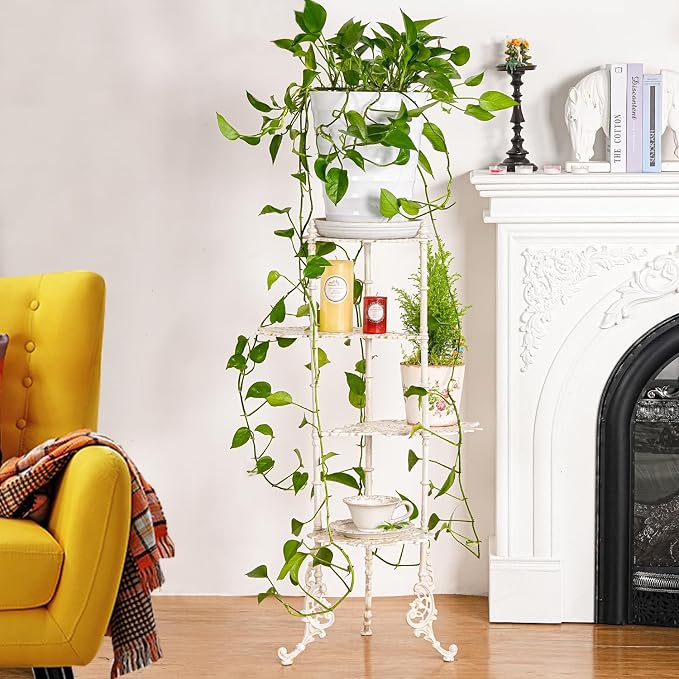 Sungmor Vintage Cast Iron 4-Tier Plant Stand, Elegant Butterfly & Floral Design with Antique White Finish, 36 Inch Tall Rustic Flower Pot Holder, Heavy Duty Metal Display Stand for Indoor and Outdoor