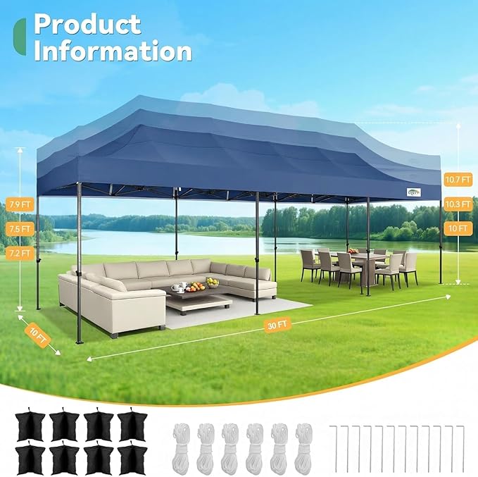 COBIZI 10x30 Pop up Carport 10x30 Canopy Tent with Sidewalls, Heavy Duty Party Tent Tents for Parties, Foldable UPF 50+ Waterproof Commercial Easy up Canopy with Roller Bag, Navy Blue