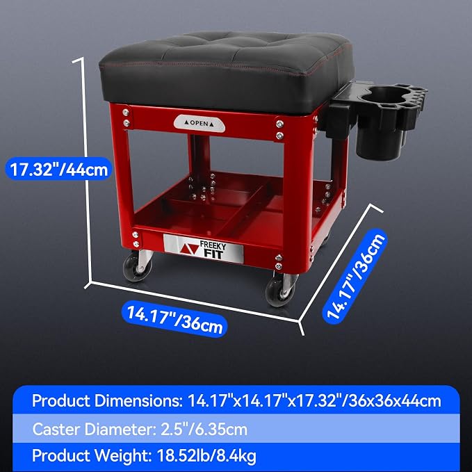 Rolling Creeper Garage Shop Seat for Men, Padded Mechanics Stool with Tool Tray Storage for Garage, Rolling Workshop Stool with Wheels, Auto Creeper Seat, 330 LBS Capacity, Heavy Duty, Red
