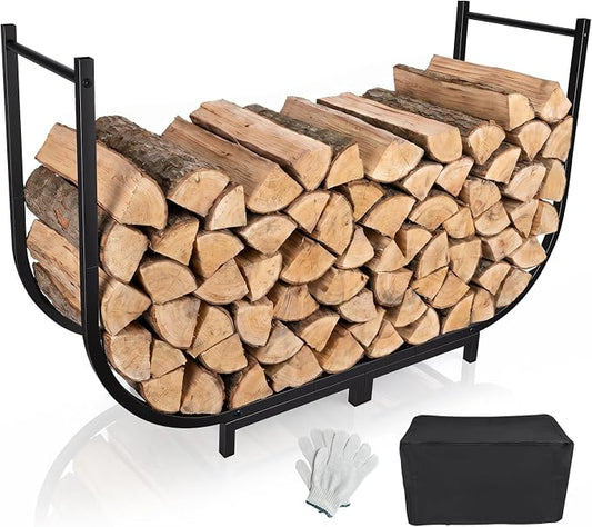 Firewood Rack Outdoor w Thicken Cover, 40 Inch Indoor Large Firewood Rack-Stable Curved Firewood Storage Heavy Duty & Rustproof Metal Log Holder w Hook for X-mas Decoration or Tools Nearby Fireplace