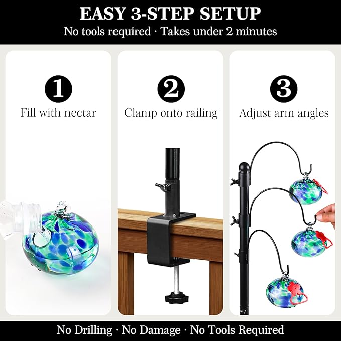Headak life 15 inch Hummingbird Feeder Deck Hook for Railing, Hand Blown Glass Hummingbird Feeders for outdoors with Clamp-On Stand, Adjustable Outdoor Bird Feeder Pole for Deck,Garden Gifts for Women