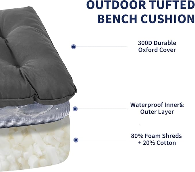 IPYNBAP Outdoor Bench Cushion, 48x18x5 Inch, Waterproof Bench Cushion for Outdoor/Indoor Furniture, Tufted Patio Bench Seat Cushion, Fade Resistant Outdoor Cushions for Porch Swing Couch, Dark Grey