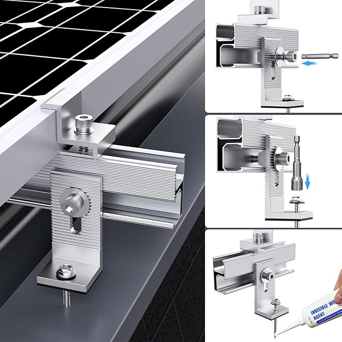 Solar Panel Mounting Bracket Kit, 10Pcs Solar Panel Mount for 1-4pcs Thickness 1.4” Solar Panels, with 10x 6 mini Rails 4X Water Drain Clips for Shingle,Slate,Metal and Tin roof