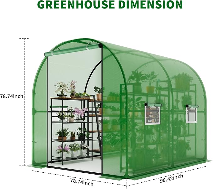 GarveeHome 6.6X8.2x6.6 Tunnel Greenhouses, Heavy Duty Walk-in Greenhouse for Outdoors with PE Cover, Instant Pop-Up Sturdy Metal Frame Hoop House with Zippered Roll-Up Door &4 Ventilated Mesh Windows