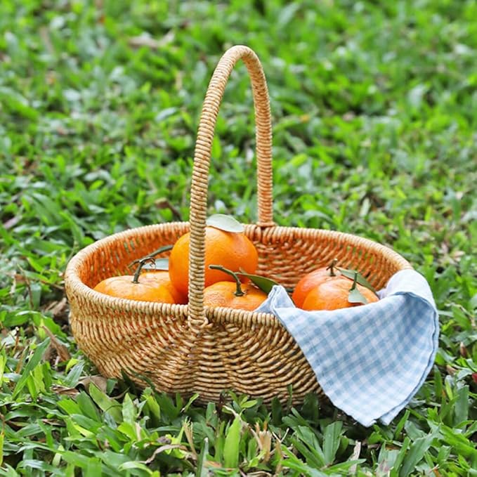 Kisangel Creative Light Brown Picnic Basket - Multi-Functional Rattan Style Harvest Shopping Basket for Fruits Vegetables Outdoor Activities and Kitchen Storage
