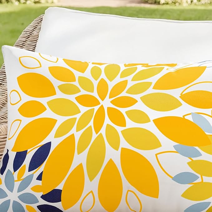 Floral Outdoor Pillow Covers Waterproof Spring Throw Pillow Cases Yellow Blue 12x20 Inch Set of 2 Decorative Summer Cushion Covers for Patio Furniture Garden Bench Porch Sofa