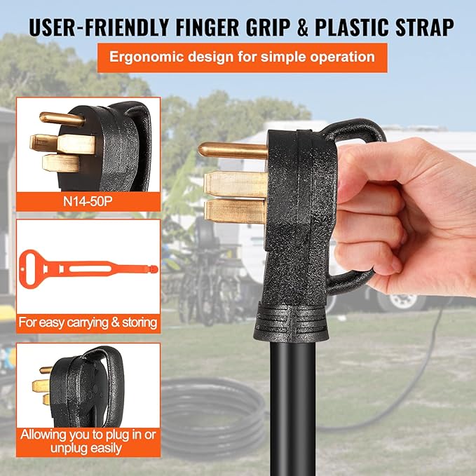 VEVOR 15FT 50 Amp Generator Extension Cord for RV Camper Home Backup, STW 6/3+8/1 AWG Pure Copper Generator Power Cord, NEMA 14-50P to SS2-50R & CS6364 Twist Lock, 125/250V 12500W, ETL Listed