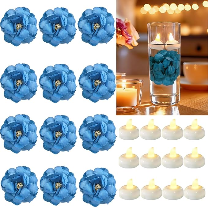 24 Pack Flameless Floating Candles and Floating Artificial Flower Led Battery Operated Waterproof Tea Lights for Cylinder Vases Centerpieces at Wedding, Party, Pool Decor Darkblue