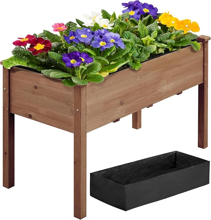 Simple Deluxe Raised Garden Bed with Legs, 48x24x30 Inch Wooden Planter Box with Liner, Elevated Outdoor Garden Box for Patio, Balcony & Backyard Use, Brown