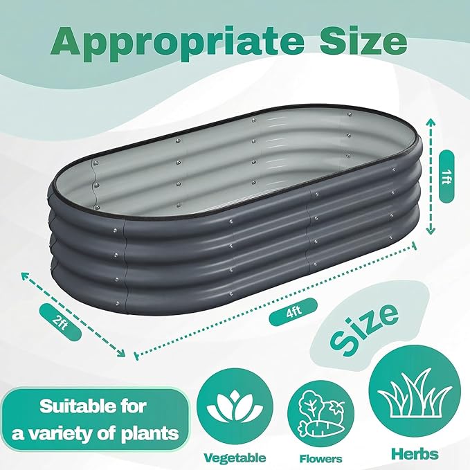 4x2x1 FT Oval Metal Raised Garden Bed, Elevated Garden Planter Box Outdoor, Trough Planter for Outdoor Plants, Flower, Vegetables, Fruit, Herbs (Dark Gray, 1PC)