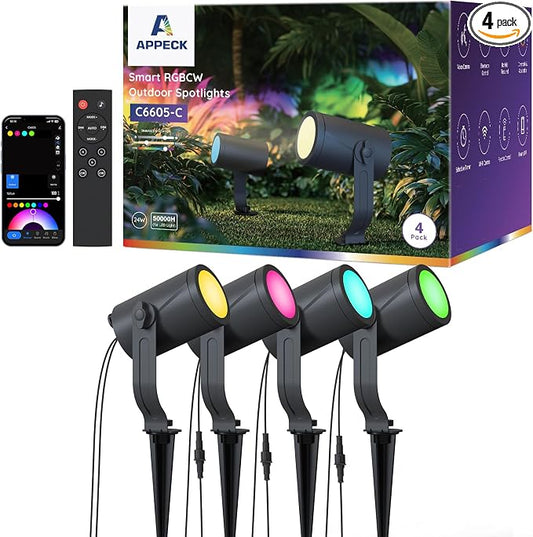 APPECK Smart Landscape Lighting Kit 24W, Color Changing Landscape Lights 4 Pack, RGBCW Outdoor Spot Lights IP65 Waterproof, for Garden Yard Pathway Holiday Decor, Compatible with Alexa