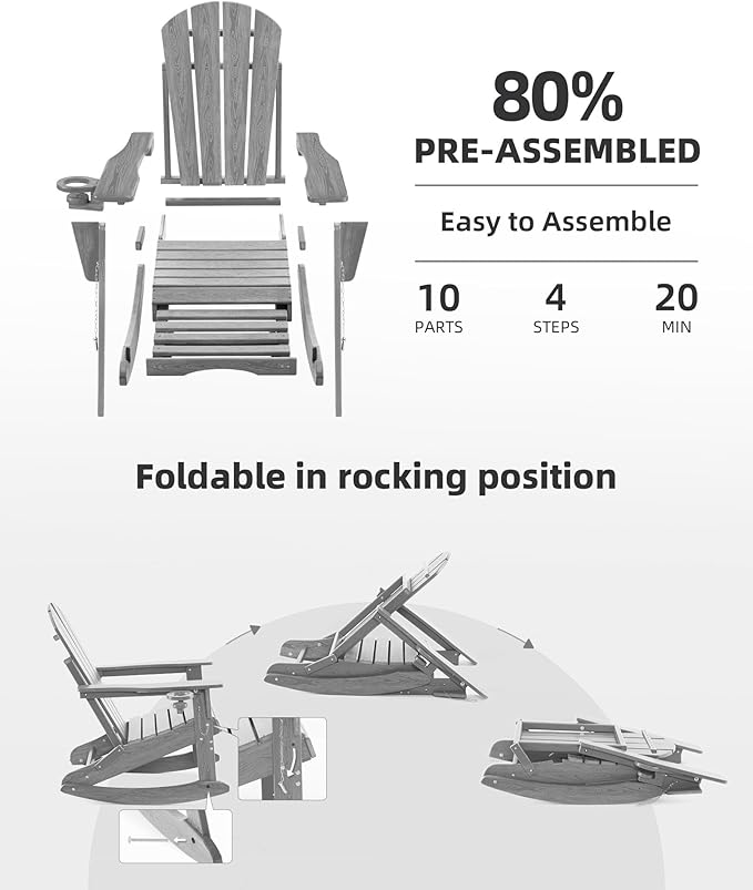 Folding Adirondack Rocking Chair Set of 4,4-in-1 Multifunctional Patio Chairs with Retractable Ottoman, Outdoor Chairs Wood Texture, Lawn Chair for Porch, Backyard, Pool(Grey)