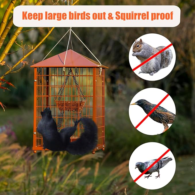Mealworms Bird Feeders for Bluebirds - Metal - Huge Caged Squirrel-Proof Bird Feeders with 2 Cups, DIY Wild Bird Feeders Outdoor Hanging (Brown), Attract Wild Birds, 2lbs Seed Capacity+1 Mealworms Cup
