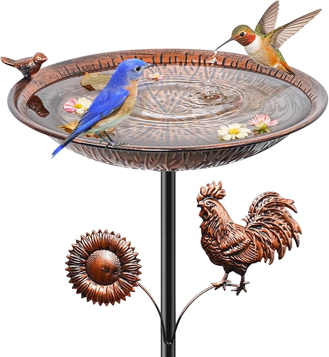 38" Metal Bird Bath for Outside, Vintage Garden Birdbath with Bird Statue, Freestanding Bird Bath Freeder with Sturdy 5 Prongs Base for Outdoors Patio Yard Lawn Decor(Vintage Brown)