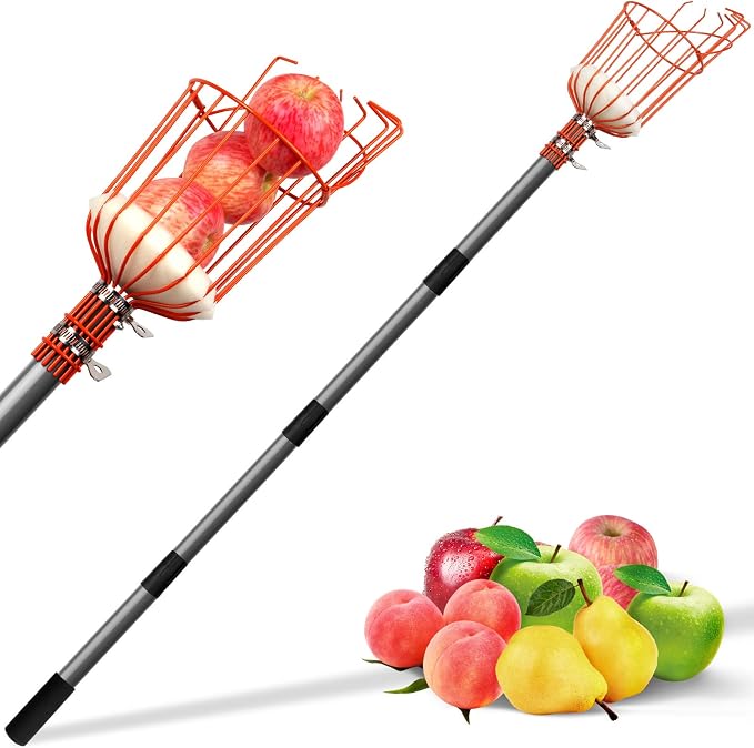 Walensee 13FT Fruit Picker Pole with Basket, 35-158 Inch Adjustable Mango Picker Tool, Stainless Steel Telescoping Cherry Picker for Tree, Apple Pear Lemon Orange Avocado Picking