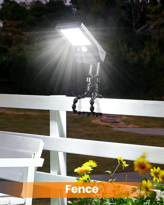 Solar Fence Lights Outdoor, 60 LEDs Motion Sensor Security Light with Flexible Octopus Tripod, 3 Lighting Modes, Adjustable Angle for Fence Deck Camping Patio (2)