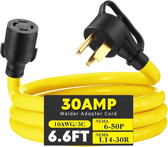 Tellegloww NEMA 6-50P to L14-30R 6.6 FT 30 Amp Welder Adapter Cord, 3 Prong 50amp Welding Outlet to 4 Prong 30amp Generator Locking Plug, Generator to Welder Adapter STW 10 AWG, ETL Listed