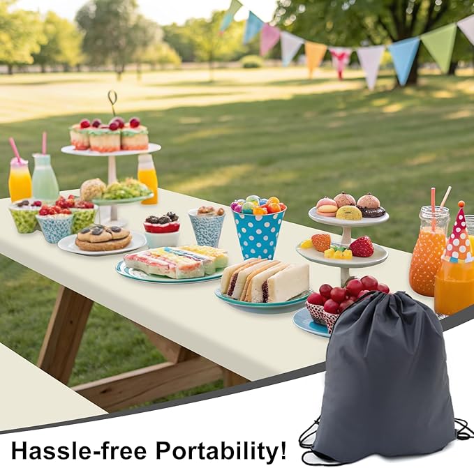 Smiry Picnic Table Cover with Bench Covers, Waterproof Elastic Fitted Polyester Tablecloths for 5 Ft Rectangle Tables, Washable Windproof Tablecloth for Camping, RV & Outdoor (Beige, 30x60 Inches)
