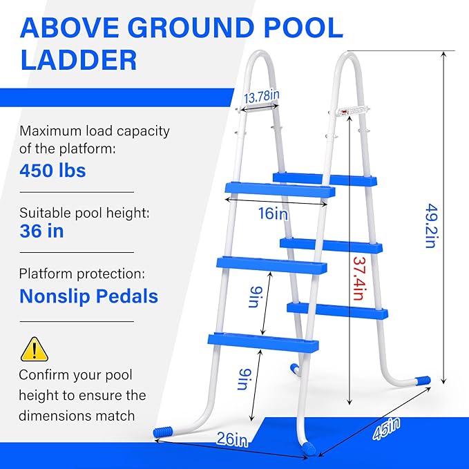 Heavy Duty Steel Frame Swimming Pool Ladder for Above Ground Pools, 3-Step Double-Sided Pool Stairs for 36" Height Pools, 450lbs Capacity with Anti-Slip Rubber Feet & Wide Steps