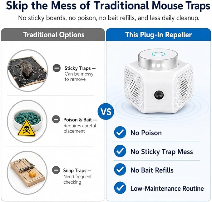 Ultrasonic Mouse Repellent Plug in Indoor, No-Touch Rodent Repellent for Home, 3 Modes with LED Strobe Light, Electronic Pest Control for House, Attic, Garage, Basement, Office and RV