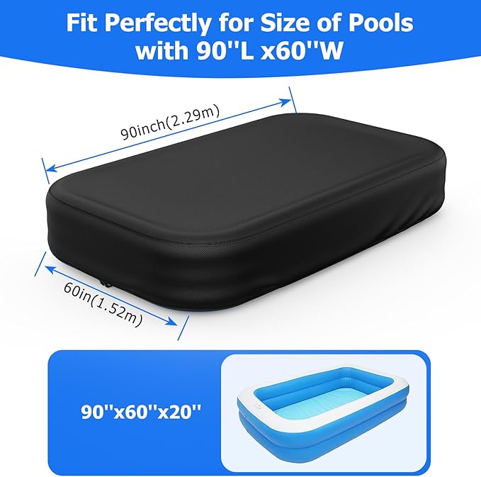 Rectangular Pool Cover for Inflatable Pool, Fits Blow Up Pool Size 90" L x 60" W, Built-in Elastic Band and Extra Buckle to Prevent Slipping, Rectangle Above Ground Swimming Pool Cover
